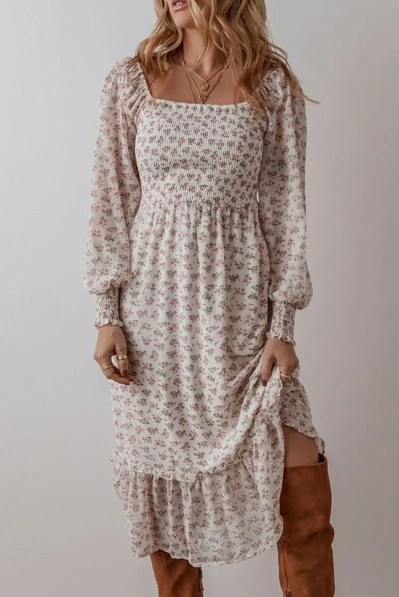 White Floral Print Shirred Ruffled Hem Square Neck Midi Dress - Love Salve